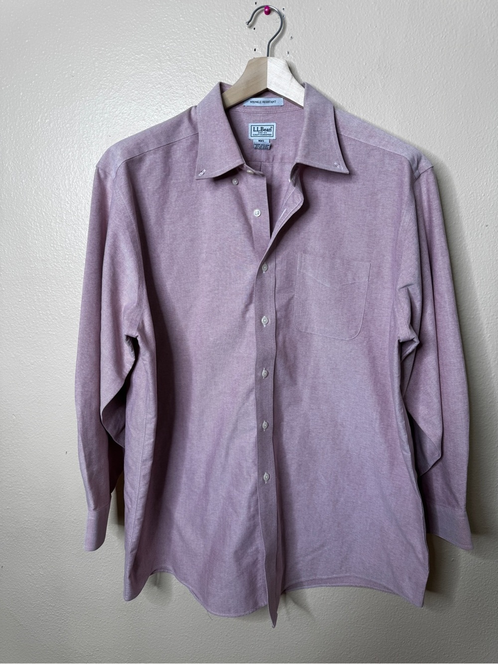 LL Bean Mens 17.5-33 Pink Oxford Cotton Wrinkle Resistant Button Down Shirt